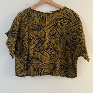 Black Crane Linen Top Blouse Boxy Cropped Mustard Leaf Print Size XS Lagenlook